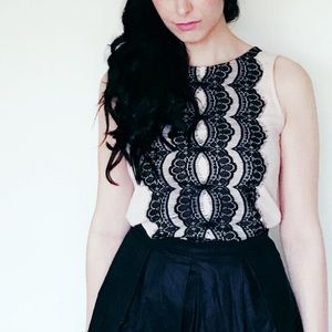 LOFT pink shell with black lace overlay, XS