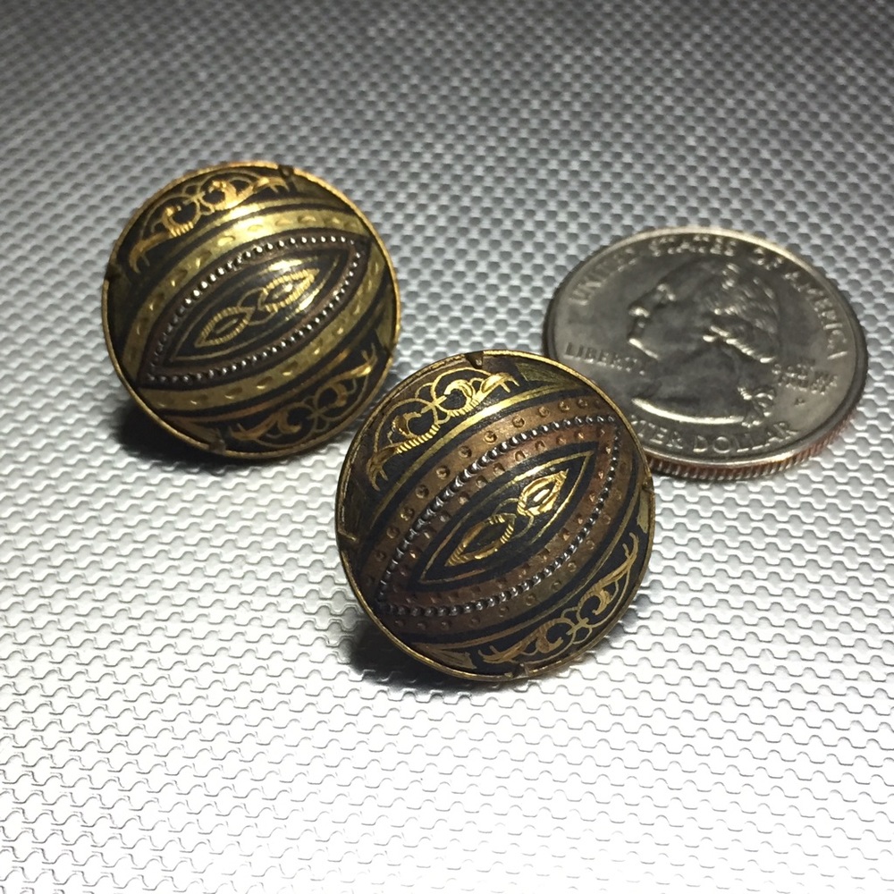 Vintage Damascene Gold Black Metal Earrings
