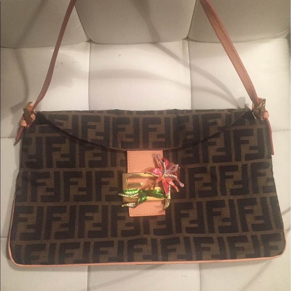 FENDI Zucca Bag with jeweled flower
