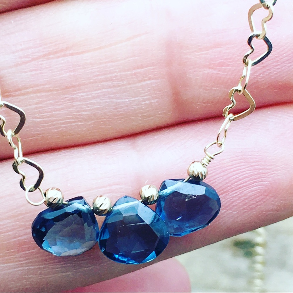 Handmade 14k gold necklace with blue topaz gems - Picture 3 of 7
