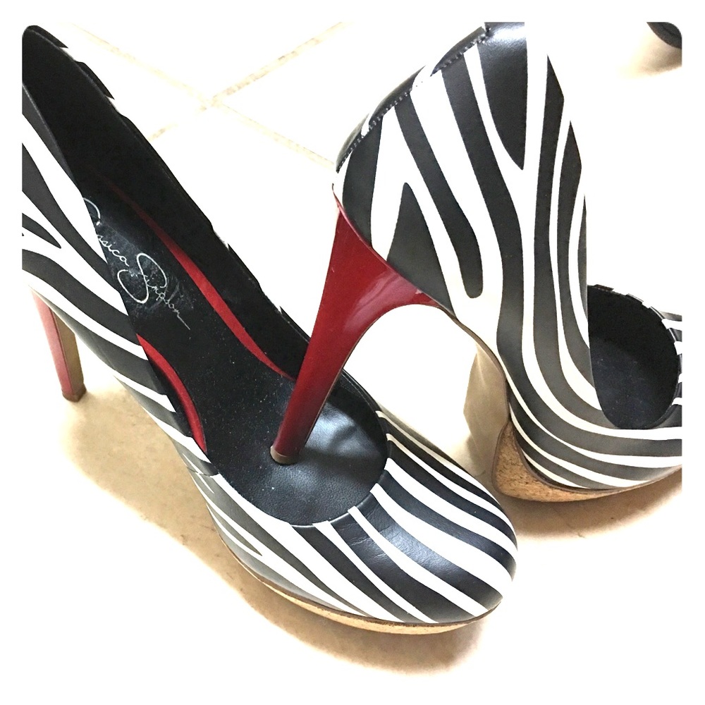 Jessica Simpson zebra red cork platform pumps 9