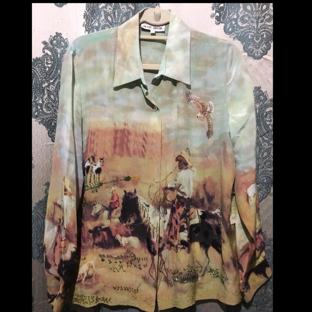 New Nicole Taylor Cowboy Beaded Button Down Blouse