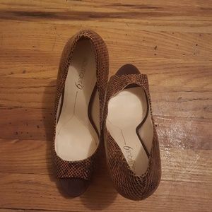 Boutique 9. Brown snakeskin peep toe pumps