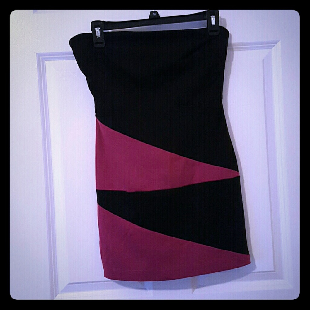 Strapless pink and black mini dress