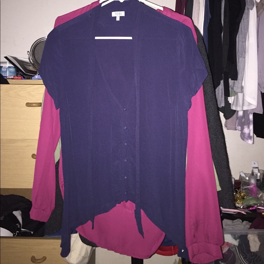 Navy Blue button down blouse with front tie