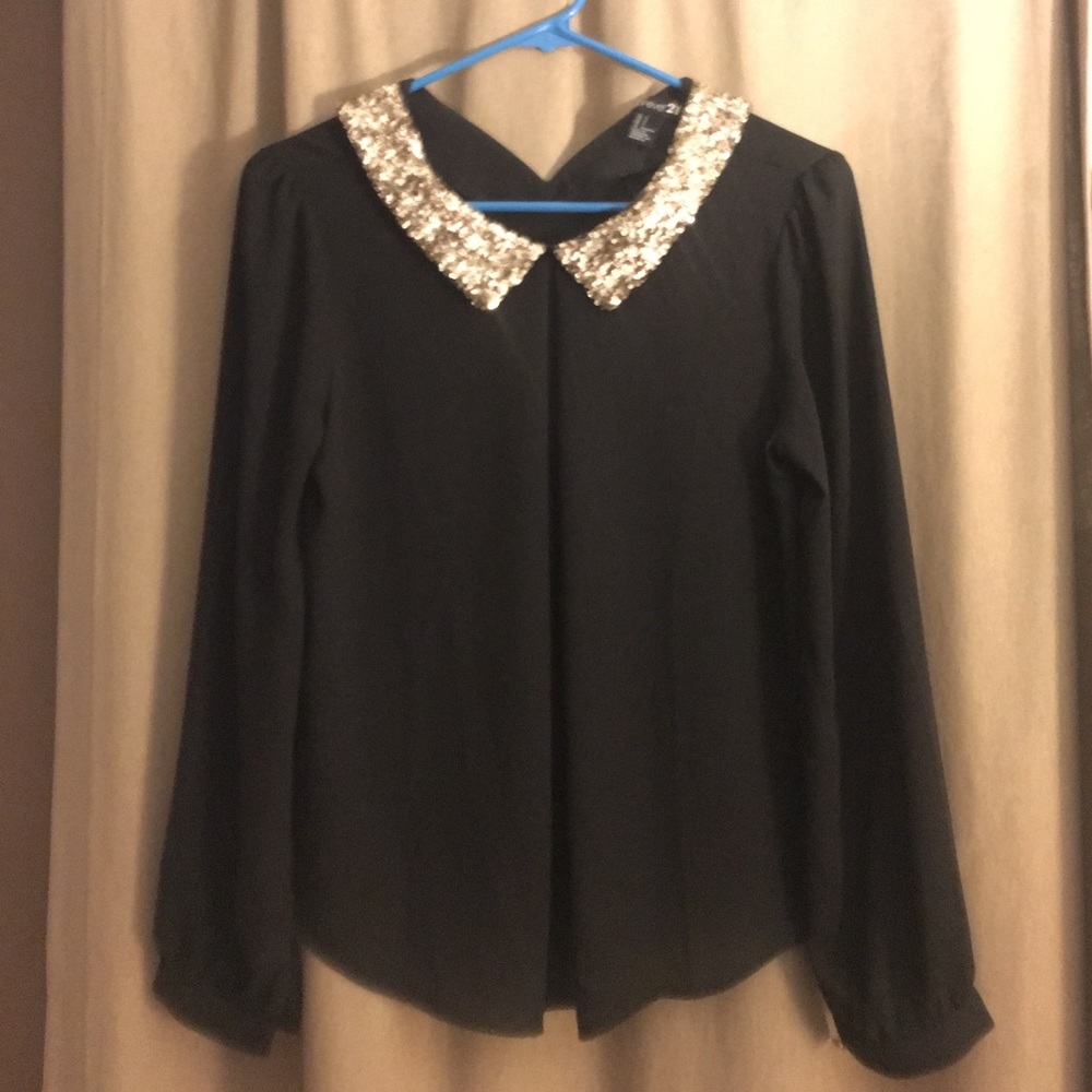 Black blouse with gold blinged out coller