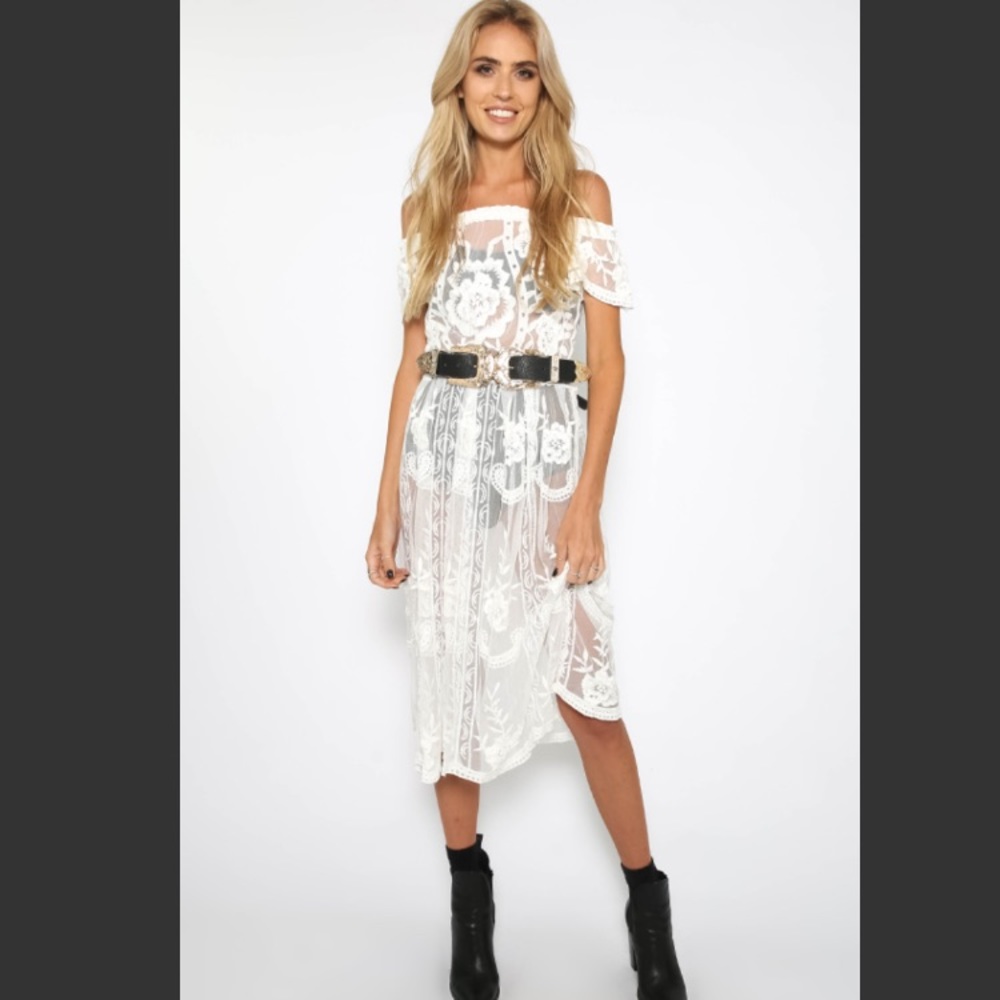 Off shoulder white midi lace dress, size small