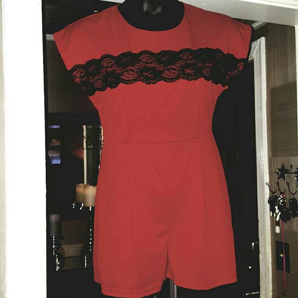 Women's Red Romper with black lace.
