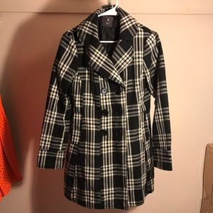 Forever 21 Black and White Plaid Pea Coat