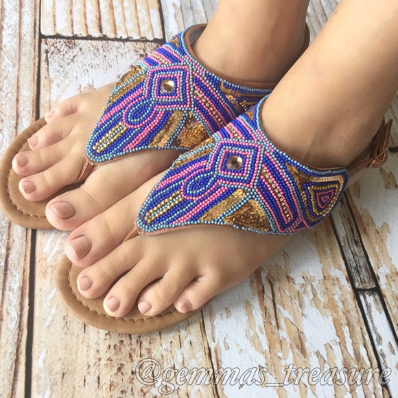 Intricate Beaded Sandals SZ 6, 6.5, 7, 8.5, 9 - Picture 2 of 3