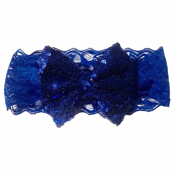 $5 with bundle - Blue Lace Sequin Bow Headband - Picture 1 of 3