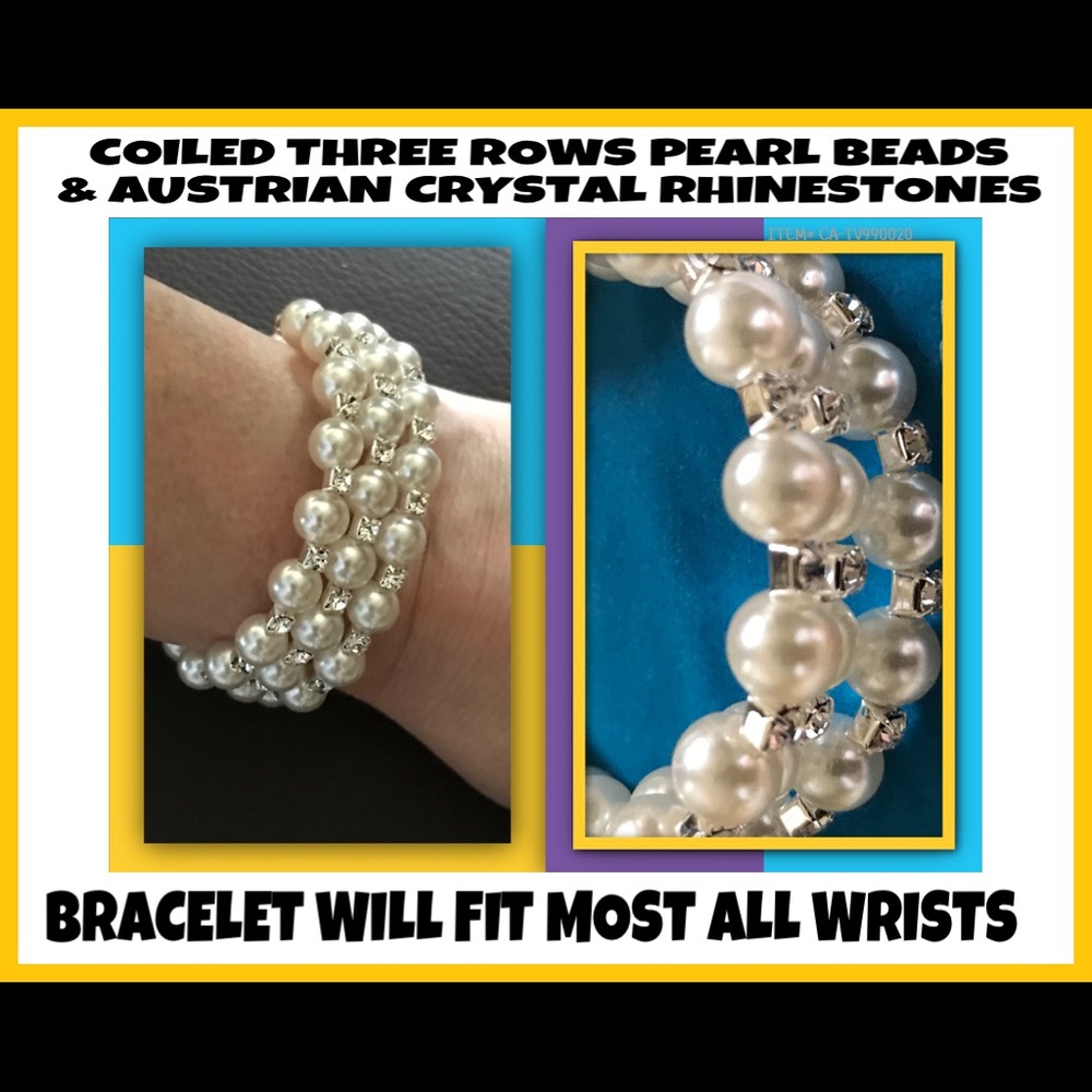AUSTRIAN CRYSTALS & PEARLS THREE ROW COIL BRACELET