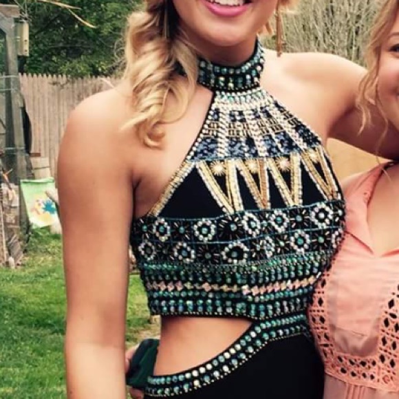 Prom dress! Black teal/gold/multi stones long - Picture 3 of 8