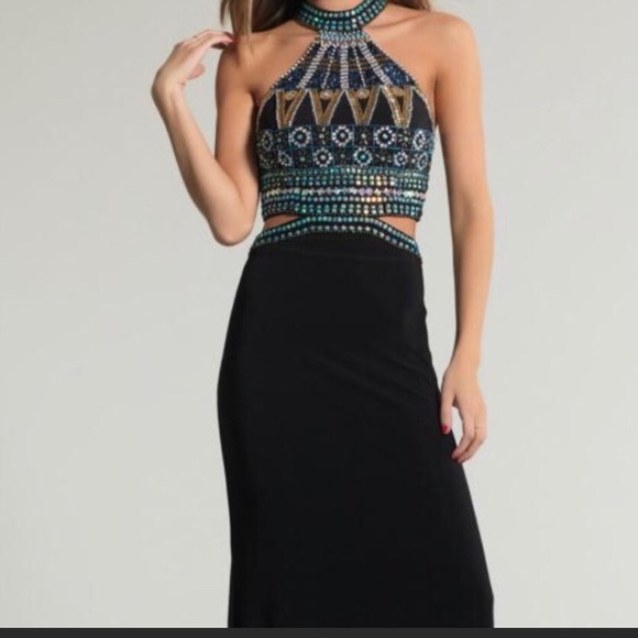 Prom dress! Black teal/gold/multi stones long - Picture 5 of 8