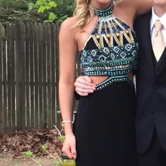 Prom dress! Black teal/gold/multi stones long - Picture 6 of 8
