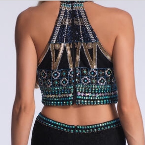 Prom dress! Black teal/gold/multi stones long - Picture 8 of 8