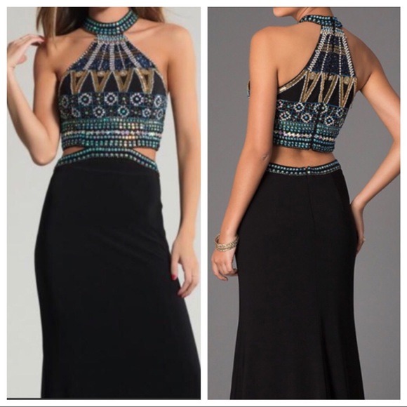Prom dress! Black teal/gold/multi stones long - Picture 4 of 8