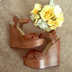 Chinese Laundry Cognac Cross Strap Platform Wedge