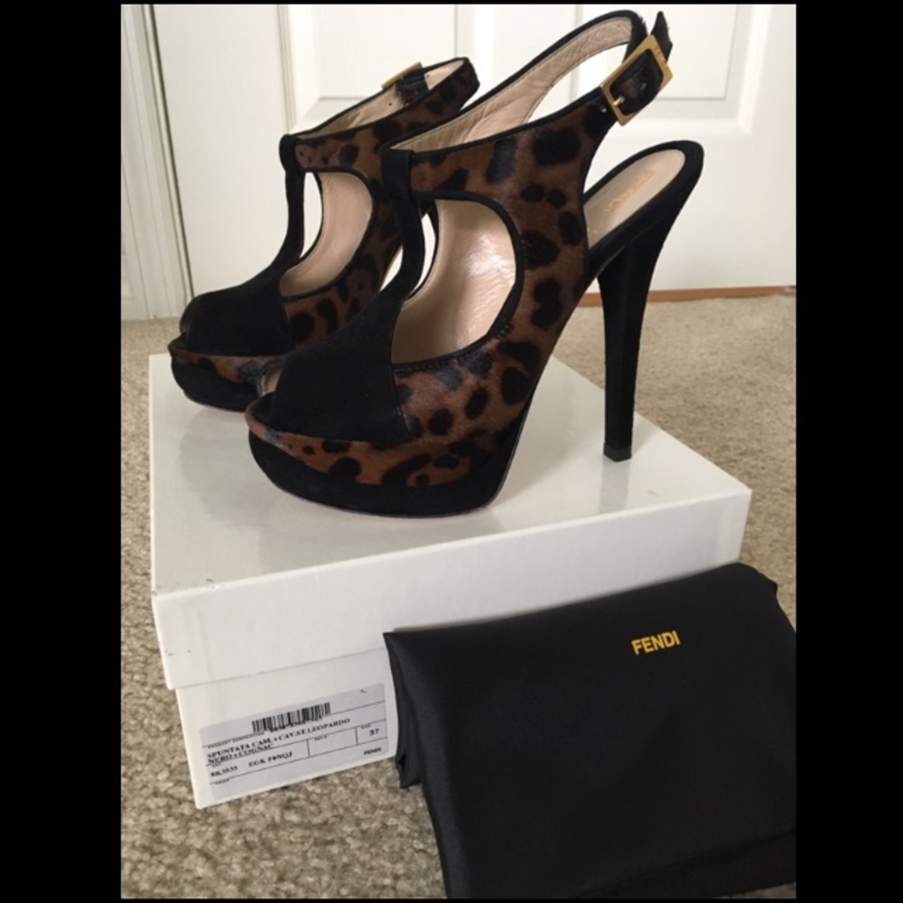 Fendi Platform Open Bootie, Black Suede Leopard 37