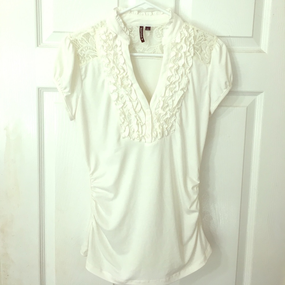 White Ruffle and Lace Blouse