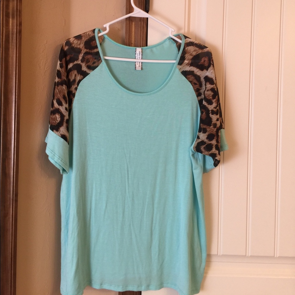Turquoise top with sheer leopard sleeves