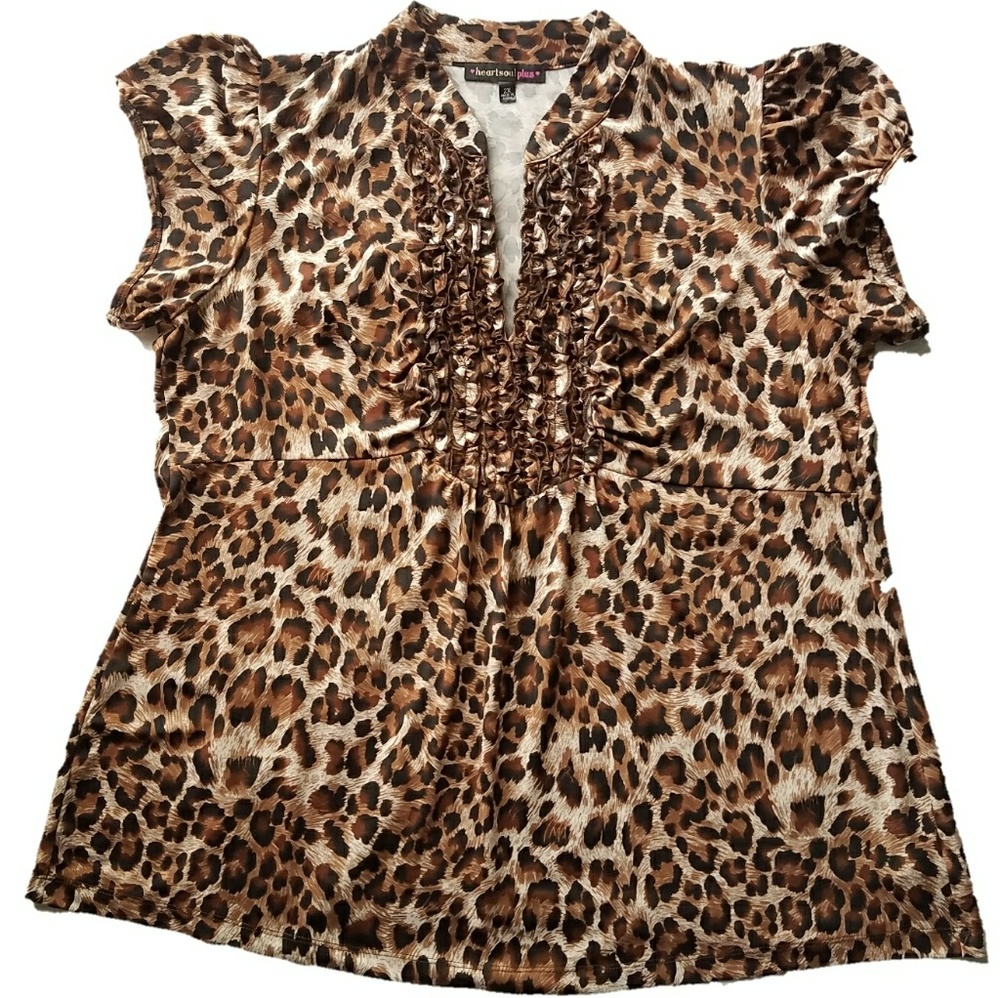 Ruched Ruffle V-neck Animal Print Top w/Cap Sleeve