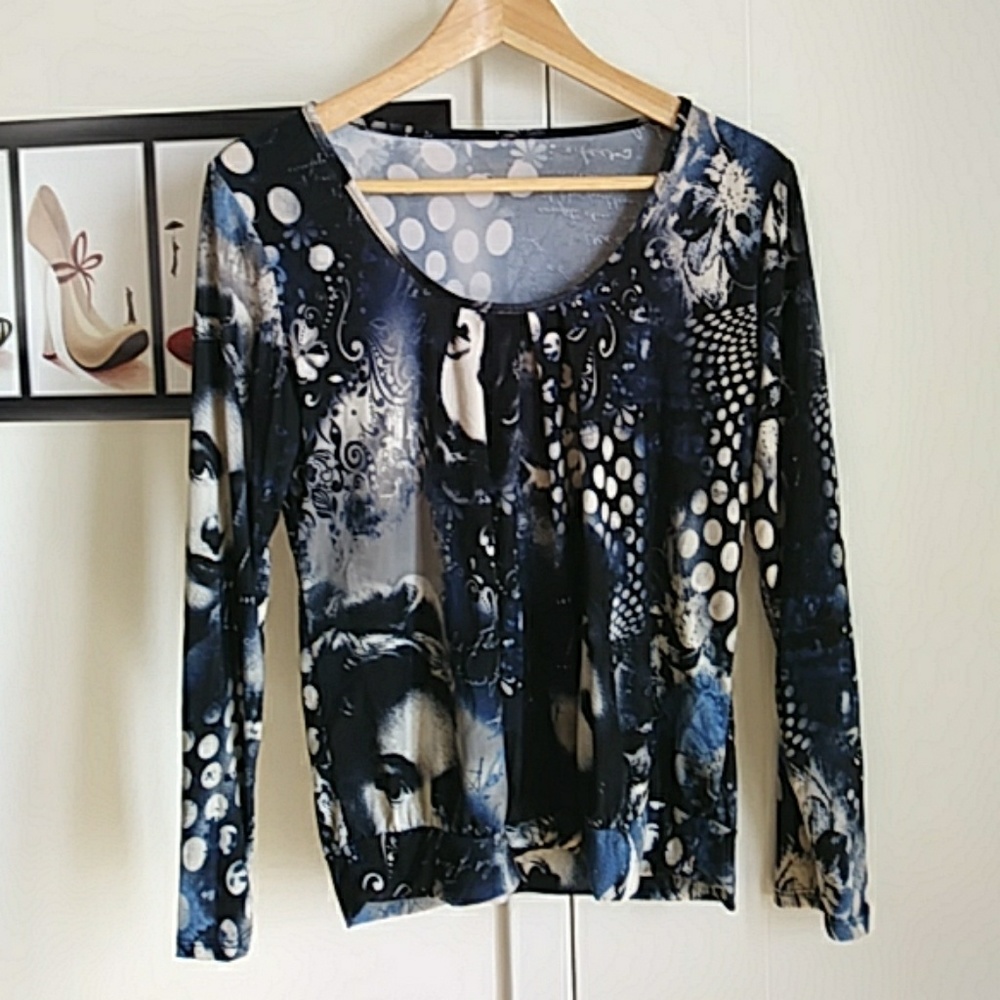 Print long sleeve boat neck shirt