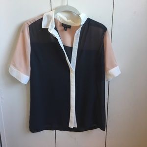TOPSHOP short sleeve sheer paneled button down