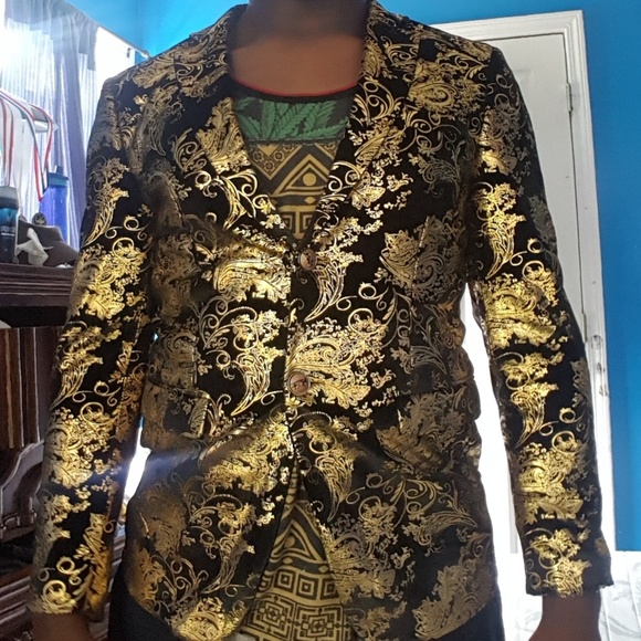 Golden Flower Print Lapel Long Sleeve Blazer men