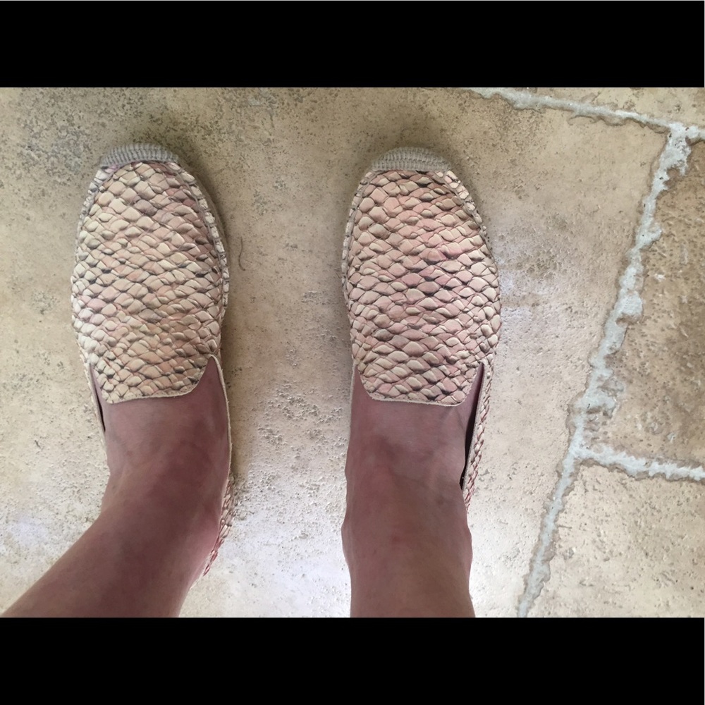 Pink faux snakeskin flats/loafers.