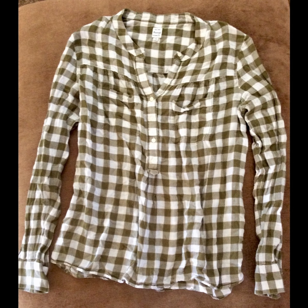 Madewell Olive Green White Checker Long Sleeve Top