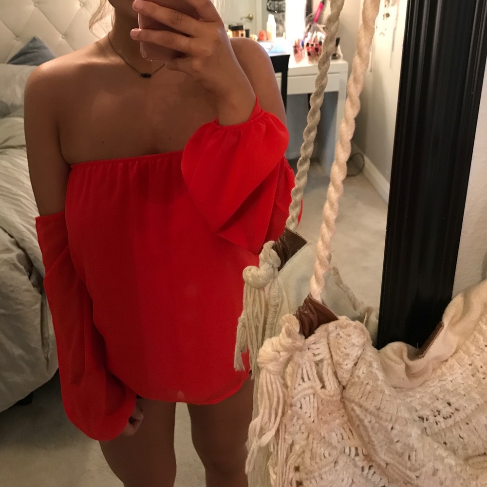 red off the shoulder blouse !
