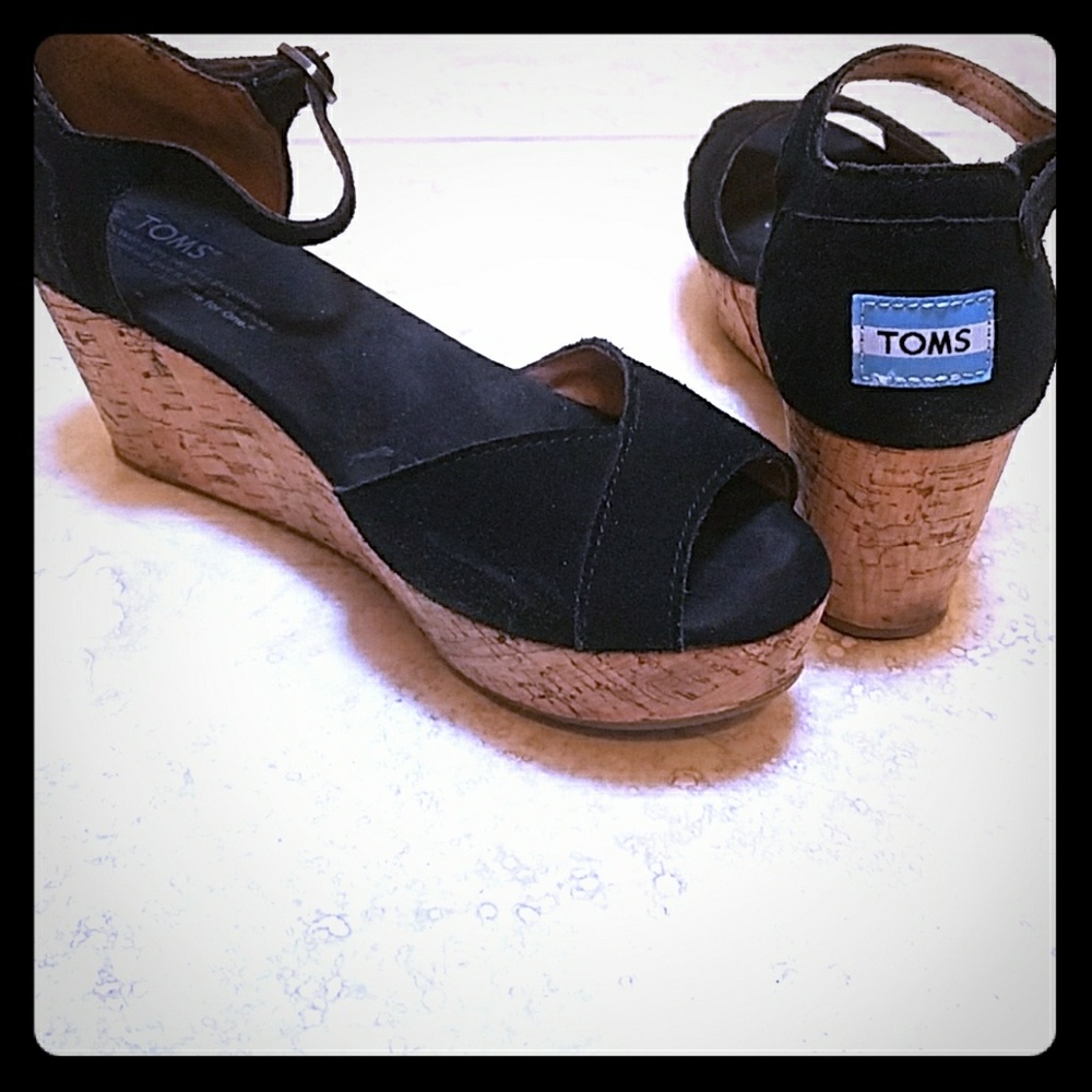 Toms cork wedges black suede
