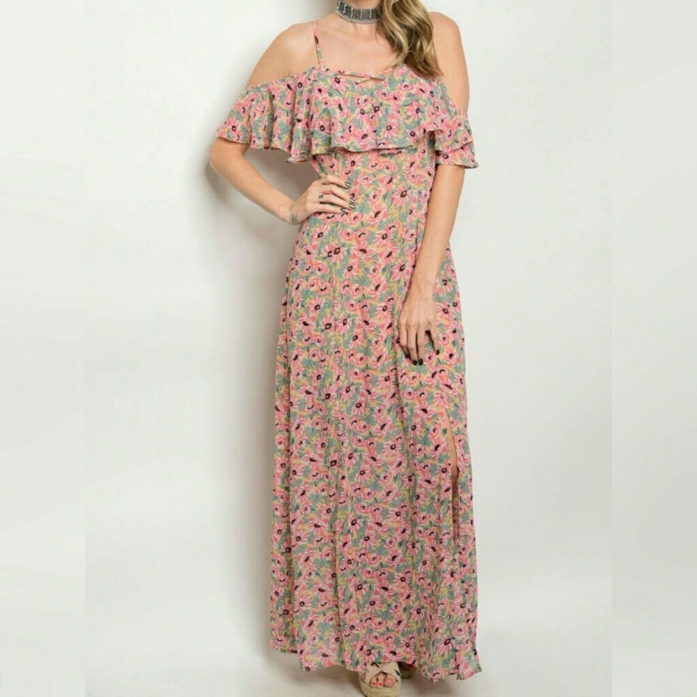 Floral Cold Shoulder Maxi Dress Large 10-12 - Picture 3 of 8