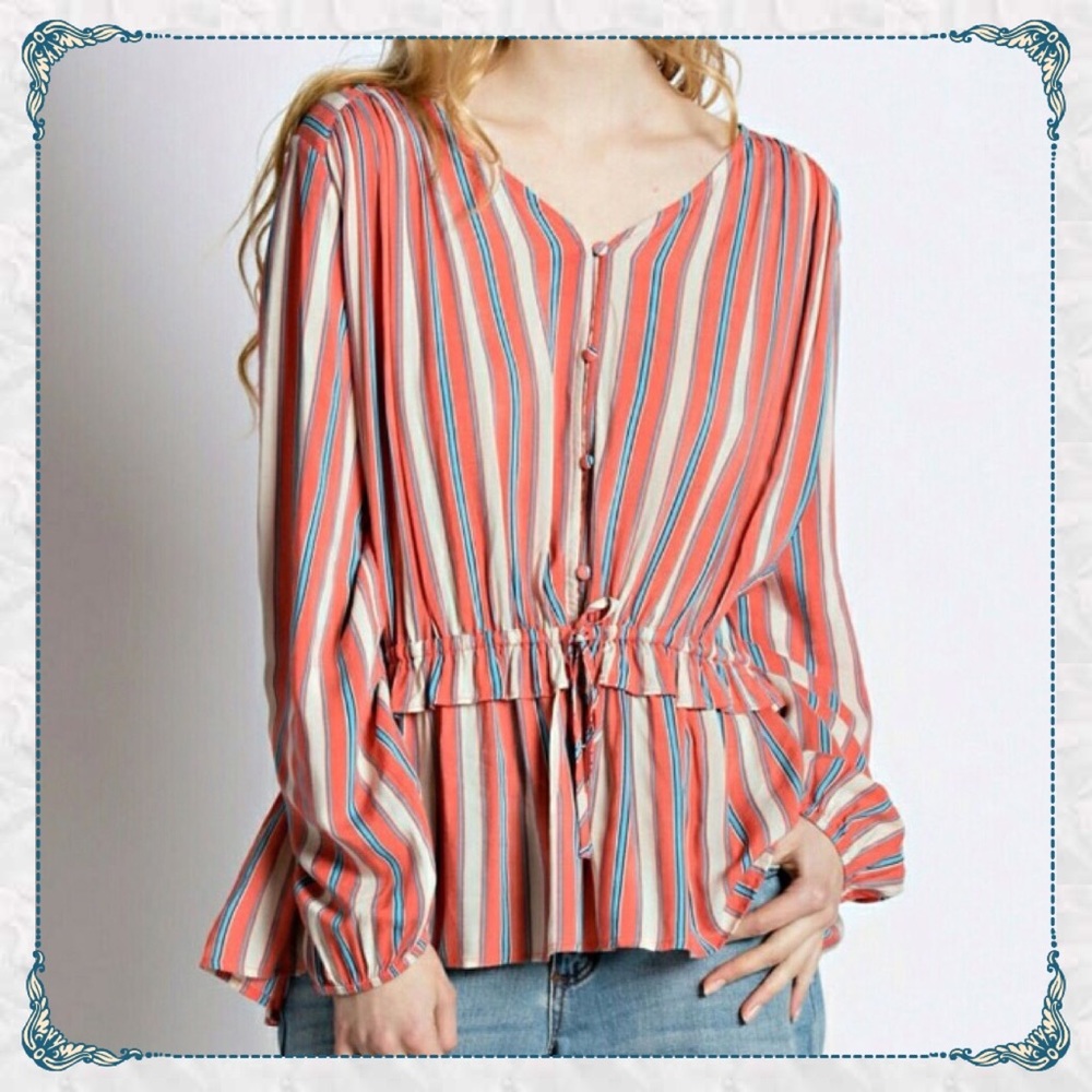 ✨Blue & Coral Striped Blouse - Lightweight