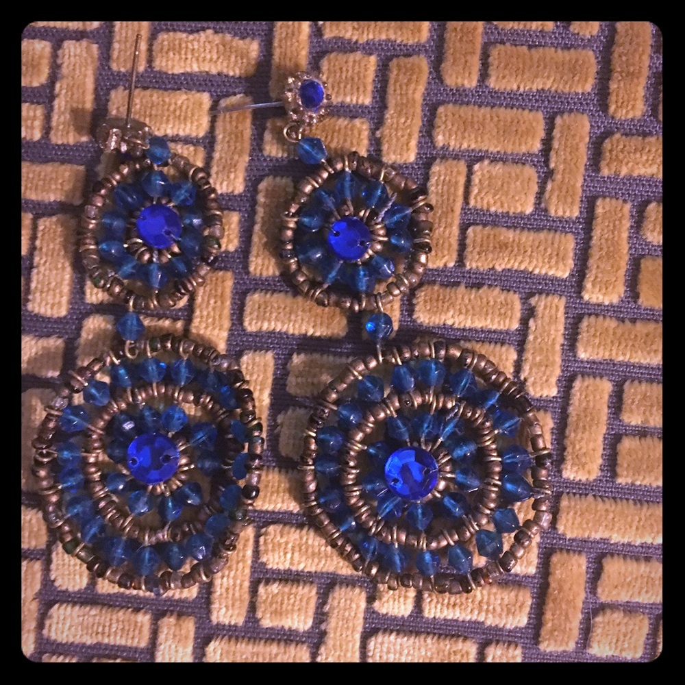 Blue and gold beaded earrings