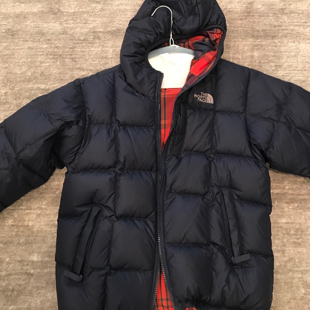 Kids North face navy & plaid reversible jacket.