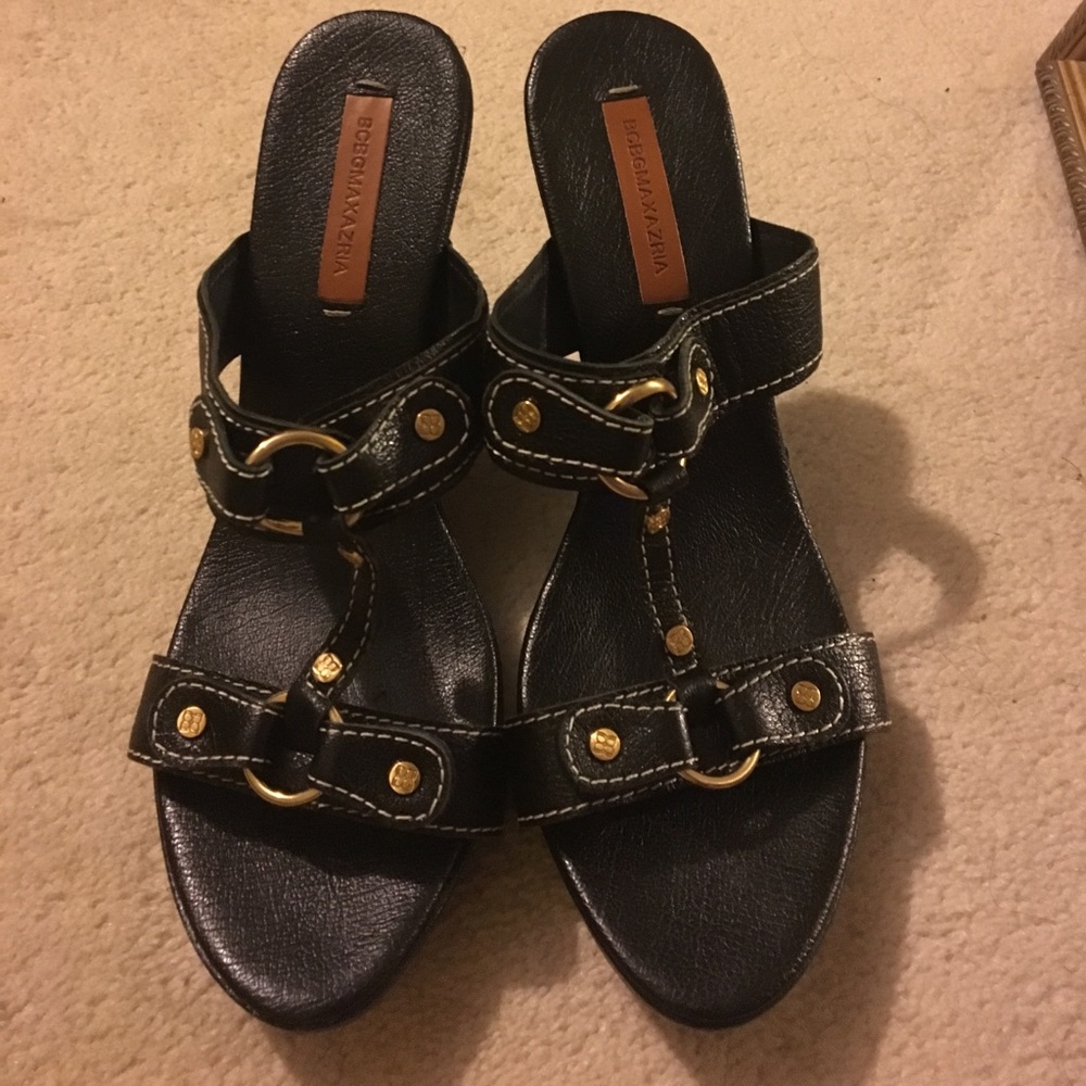 Women's Blk leather stitched wedge sandals unique!