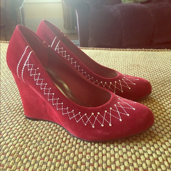 Geena Shoes - HOST PICK Red Velvet Wedges Pinup Rockabilly