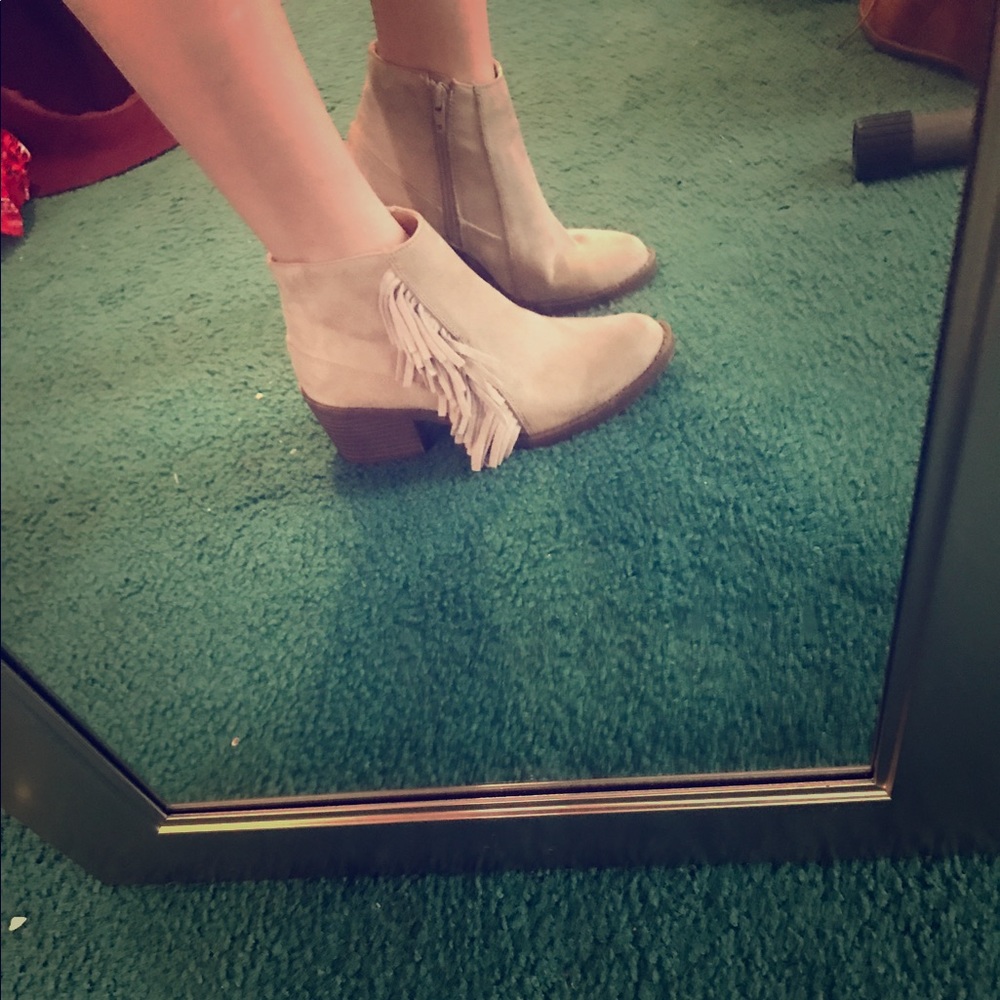 Tan fringe booties