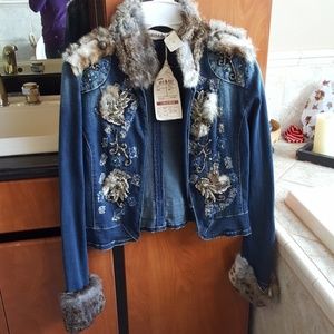 fur and beaded embelished  demin jacjet