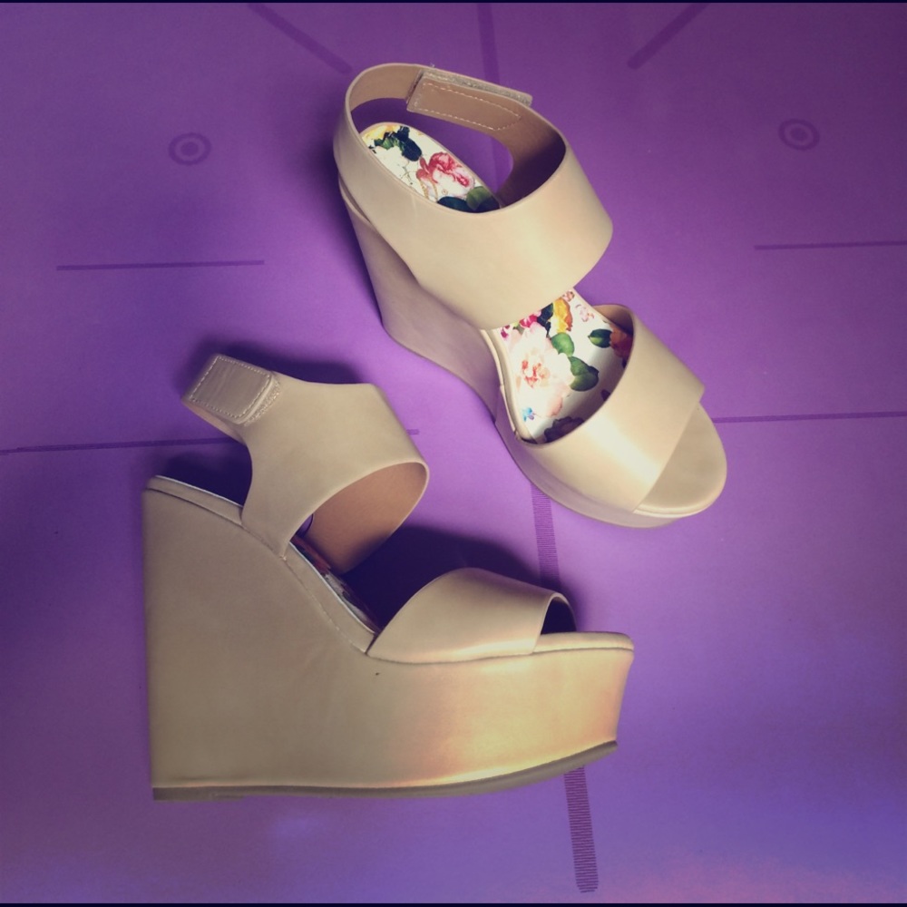 Nude faux leather strappy platform wedges