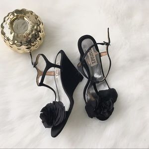 Badgley Mischka black satin flower wedge sandals