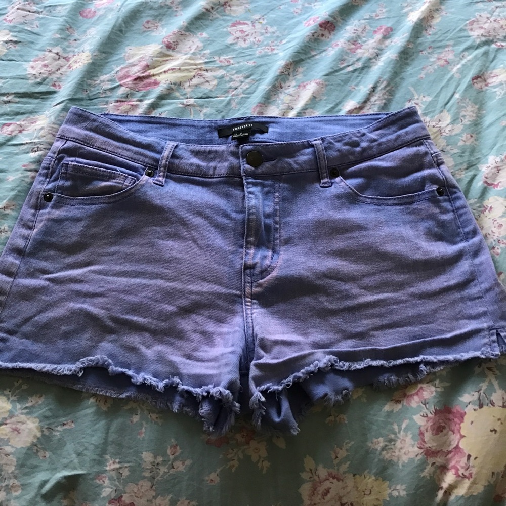 Purple acid washed jean shorts
