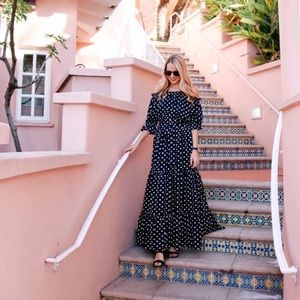Polka Dot Off The Shoulder Tie Waist Maxi Dress