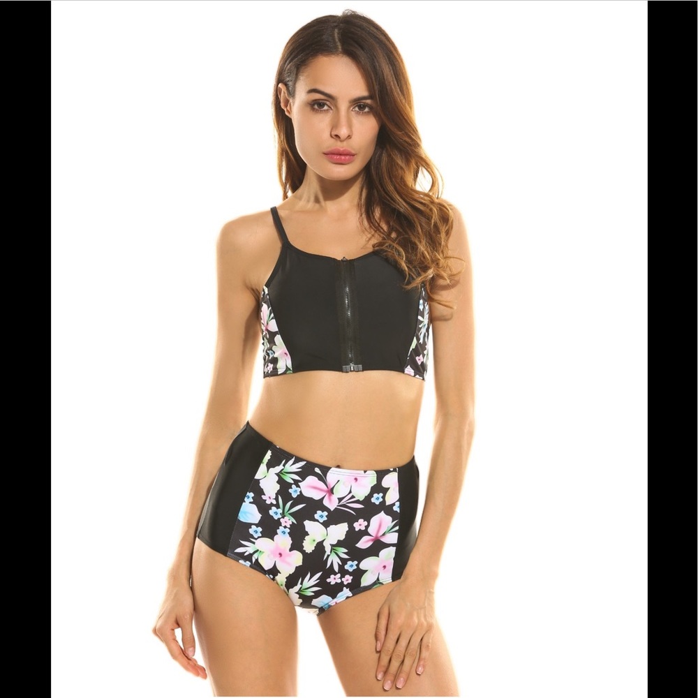 Black Floral Accent High Waist Bikini