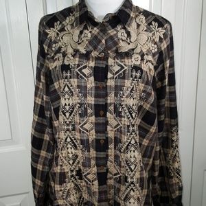 Johnny Was embroidered plaid shirt XL