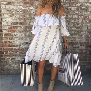 White Off the Shoulder Dress w Blue Feather Print
