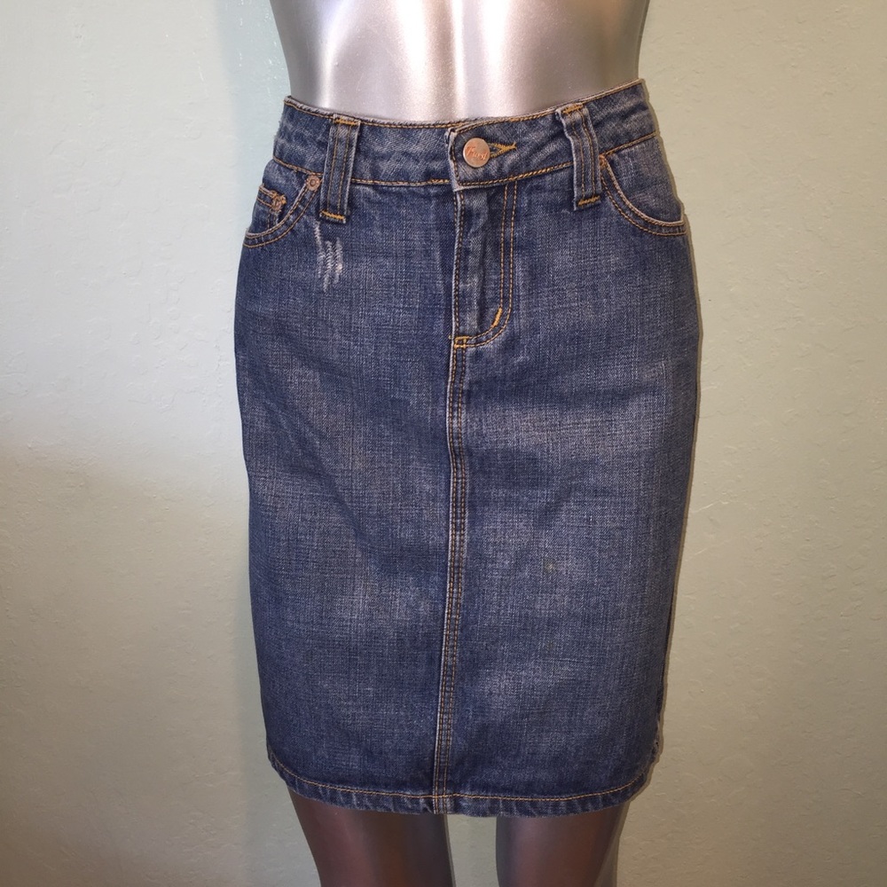 Denim pencil skirt with high slit