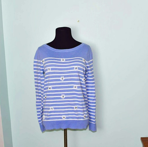 LOFT Tops - LOFT Blue Striped Top with Floral Embellishments